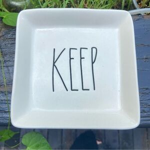 Rae Dunn White Square Trinket Ring Dish with Black 'KEEP' Text